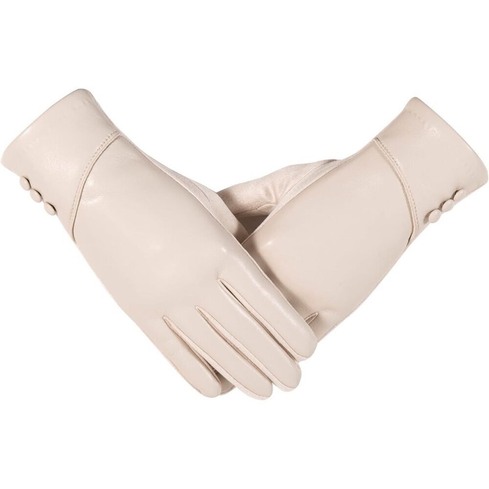 Women's White Winter Leather Suede Gloves Wool Lined Windproof Touchscreen
